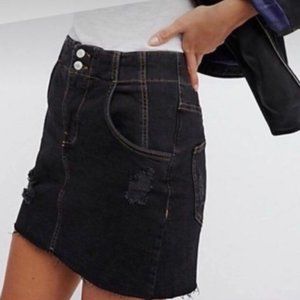 Free People High Rise Black Distressed Denim Mini Skirt